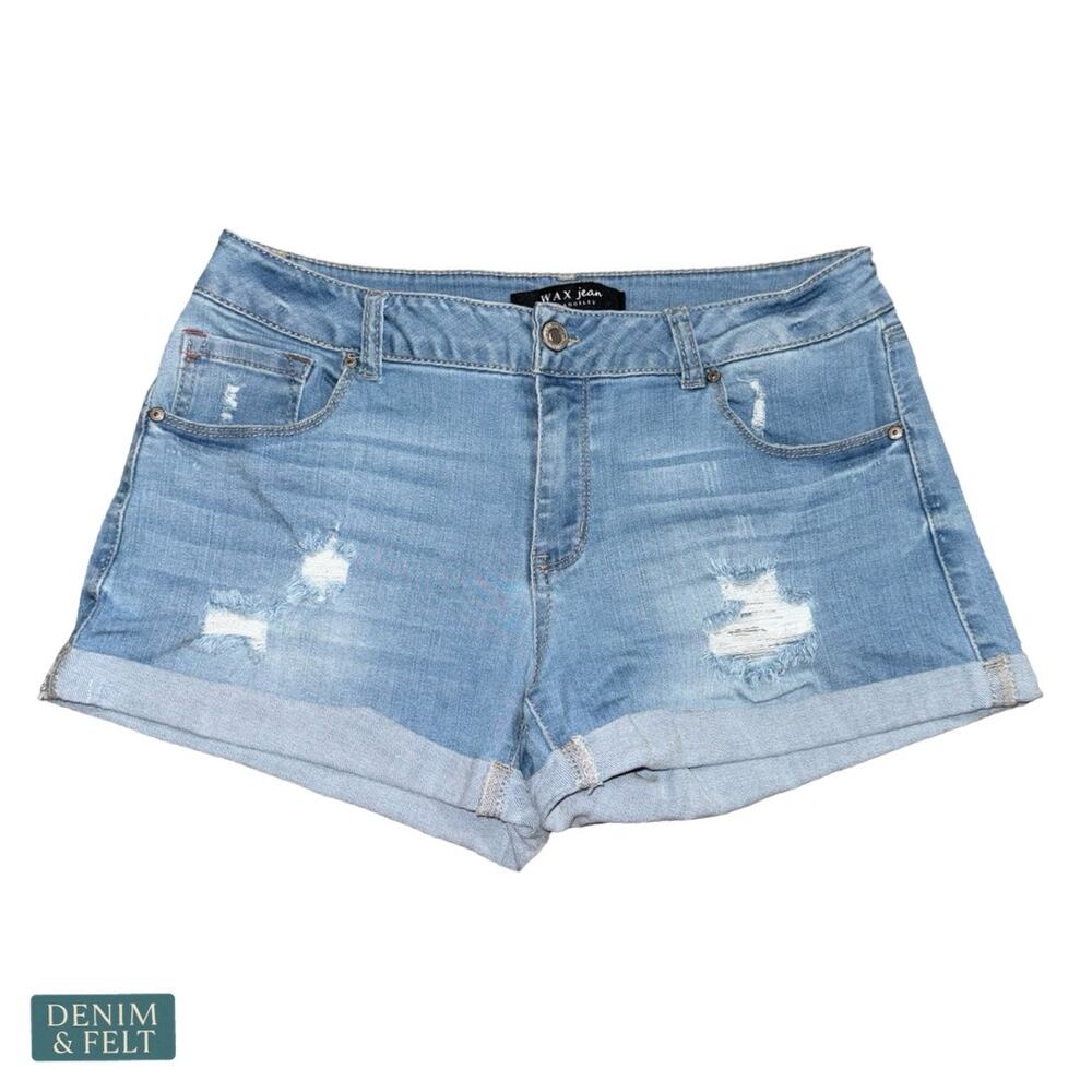 Wax Jean Light Wash Denim Shorts Mid Rise Cuffed Hem Coastal Beach Summer